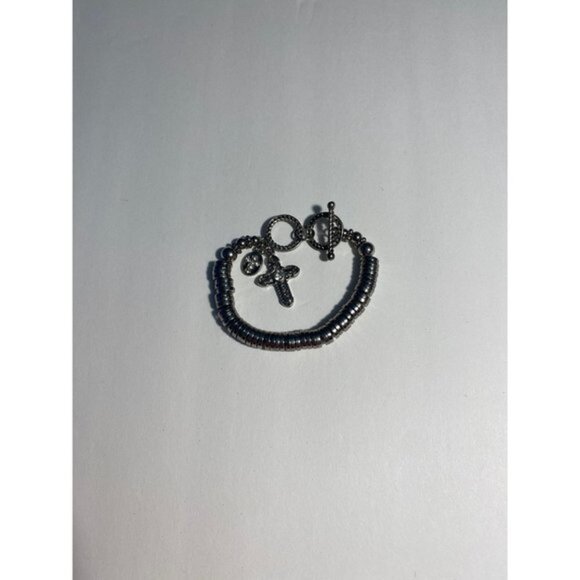 Cross Stretch Bracelet Sliver Tone Unisex - Picture 2 of 8